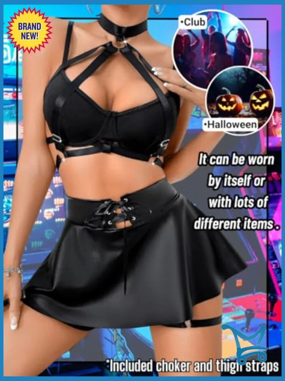 Strappy Underwire Vinyl Lingerie Set - 4 Piece Club Rave Outfit